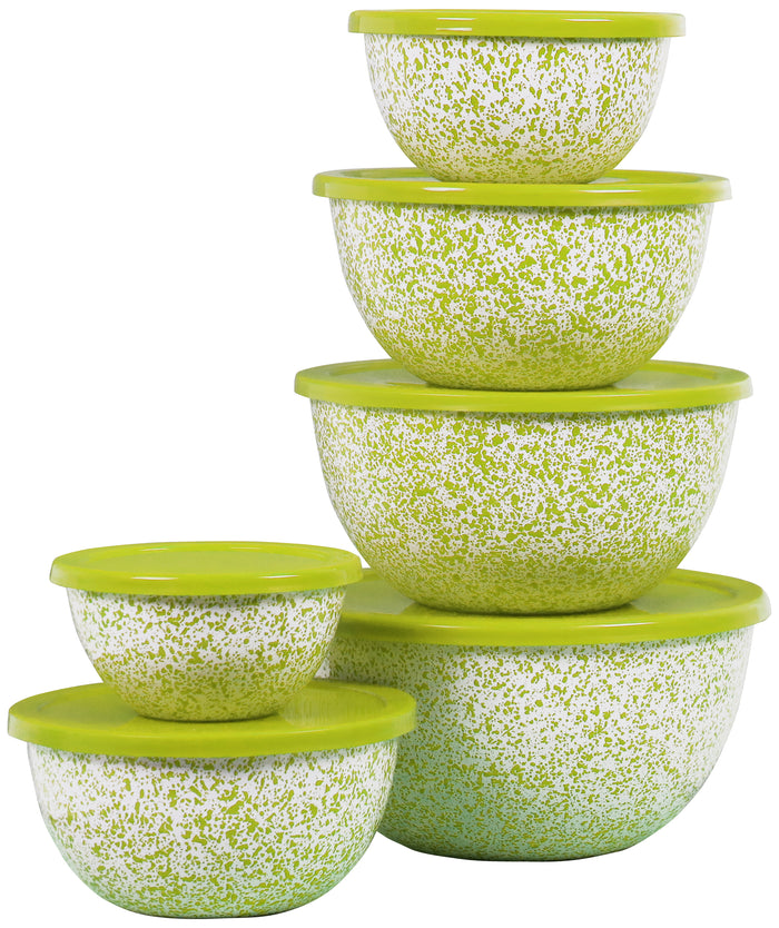12pc Enamel on Steel Bowl Set, Lime Speckle